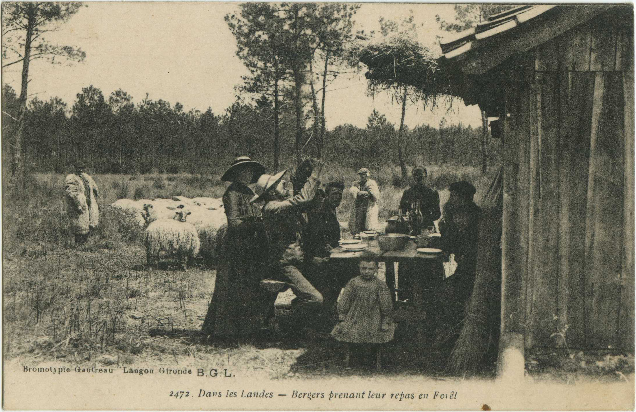 Landes - Dans les Landes - Bergers prenant leur repas en Forêt