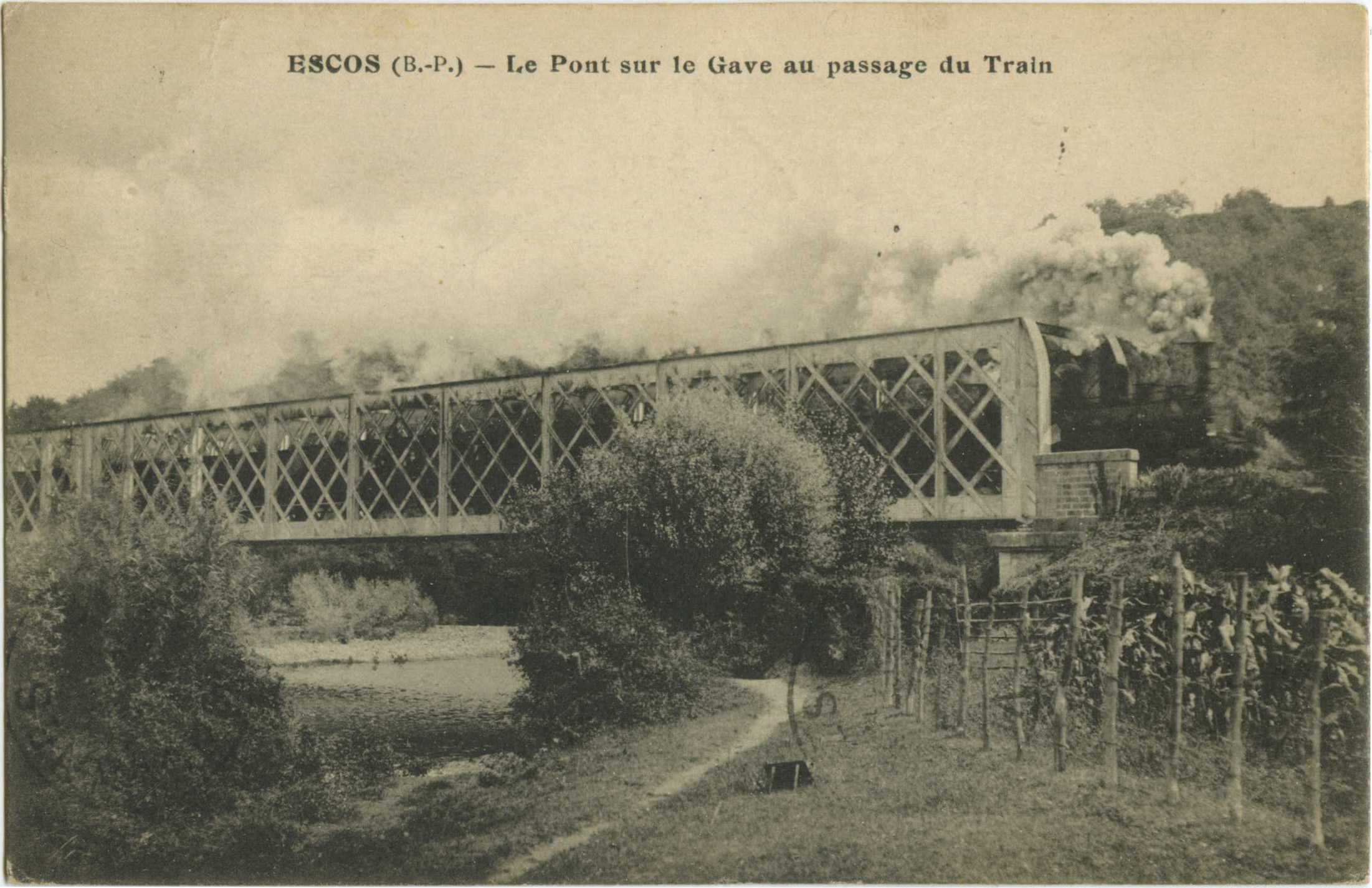 Escos - Le Pont sur le Gave au passage du Train