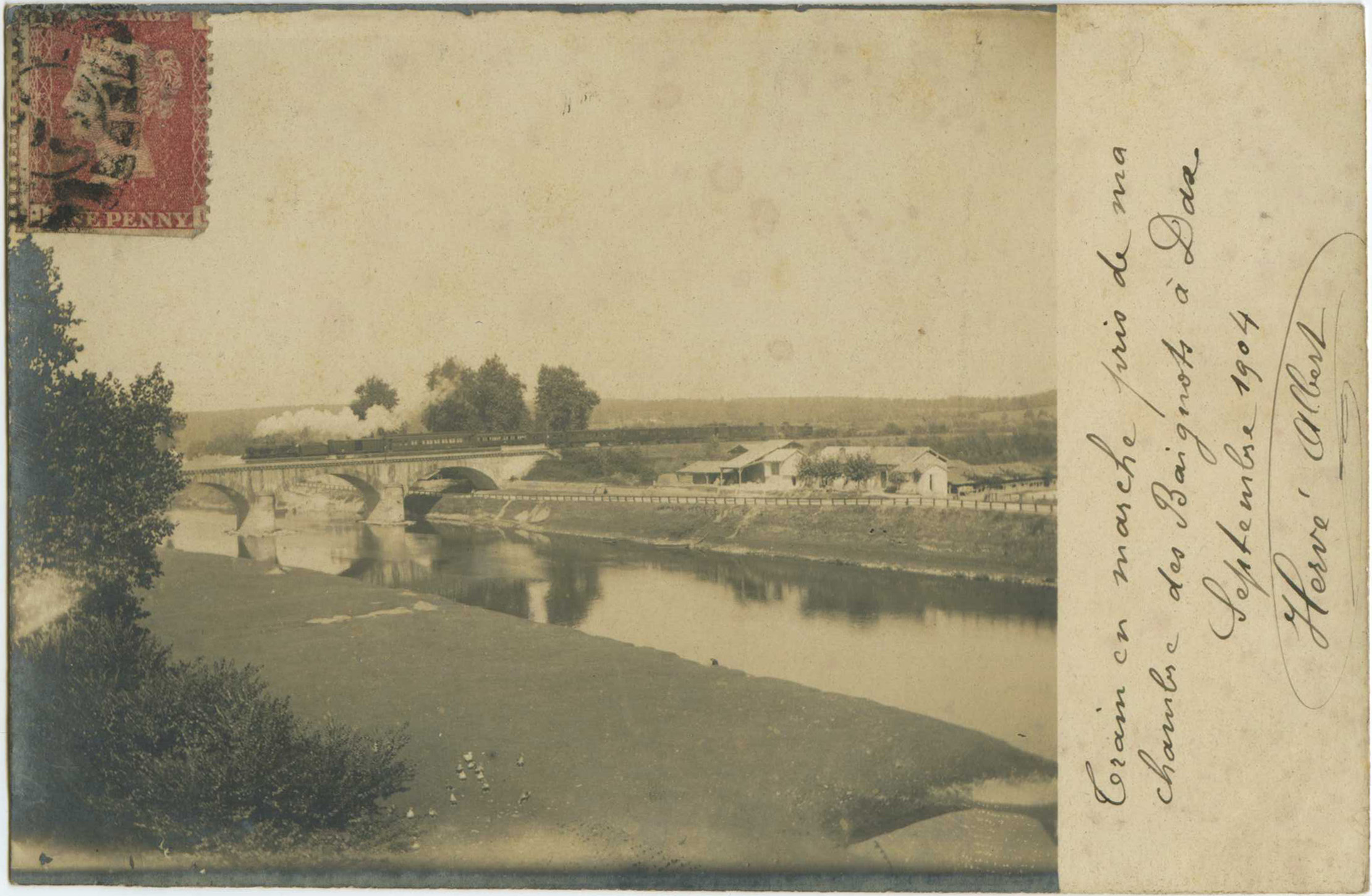 Dax - Carte photo - Passage d'un train sur le pont du chemin de fer (vue prise d'une chambre des Baignots)