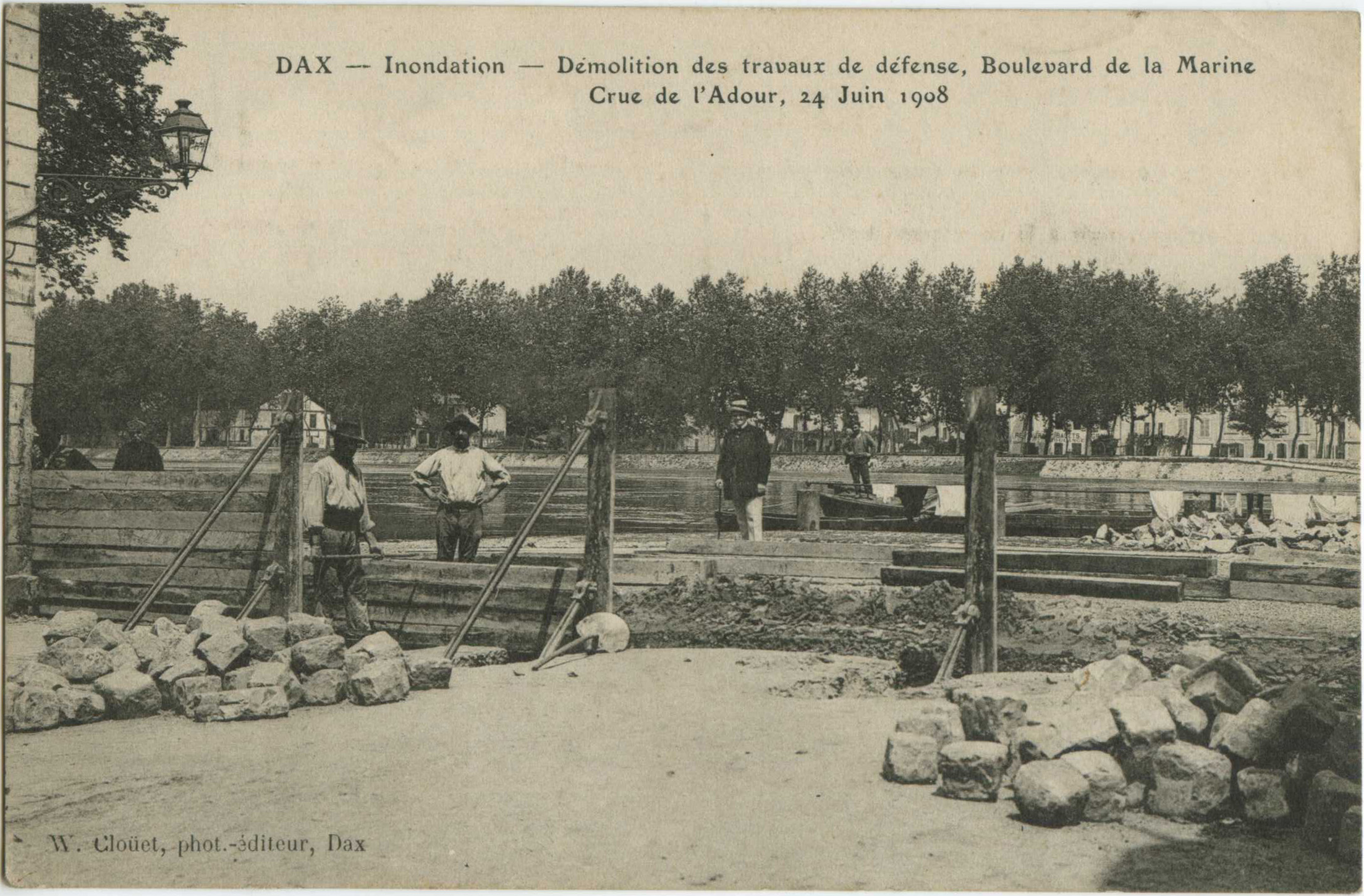 Dax - Inondation - Démolition des travaux de défense, Boulevard de la Marine - Crue de l'Adour, 24 Juin 1908