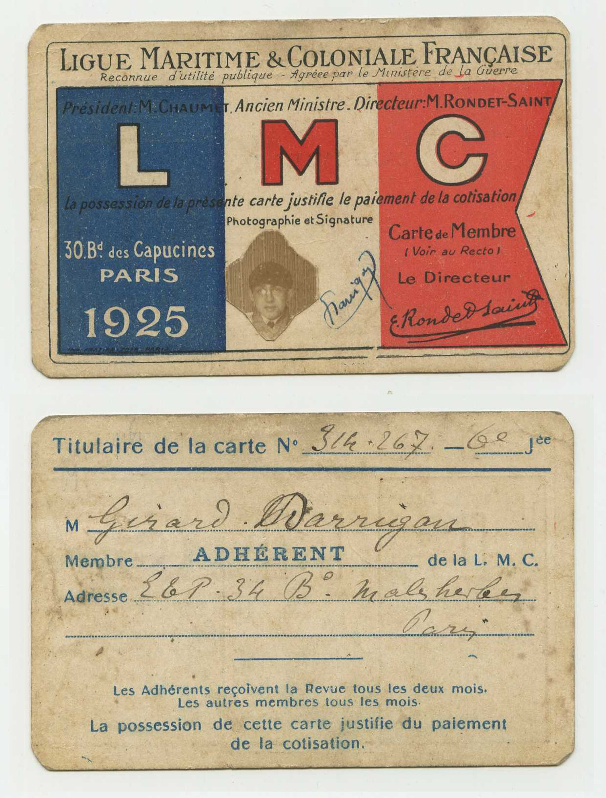 Carte d'adhérent à la Ligue Maritime et Coloniale Française de Gérard Darrigan (1925)