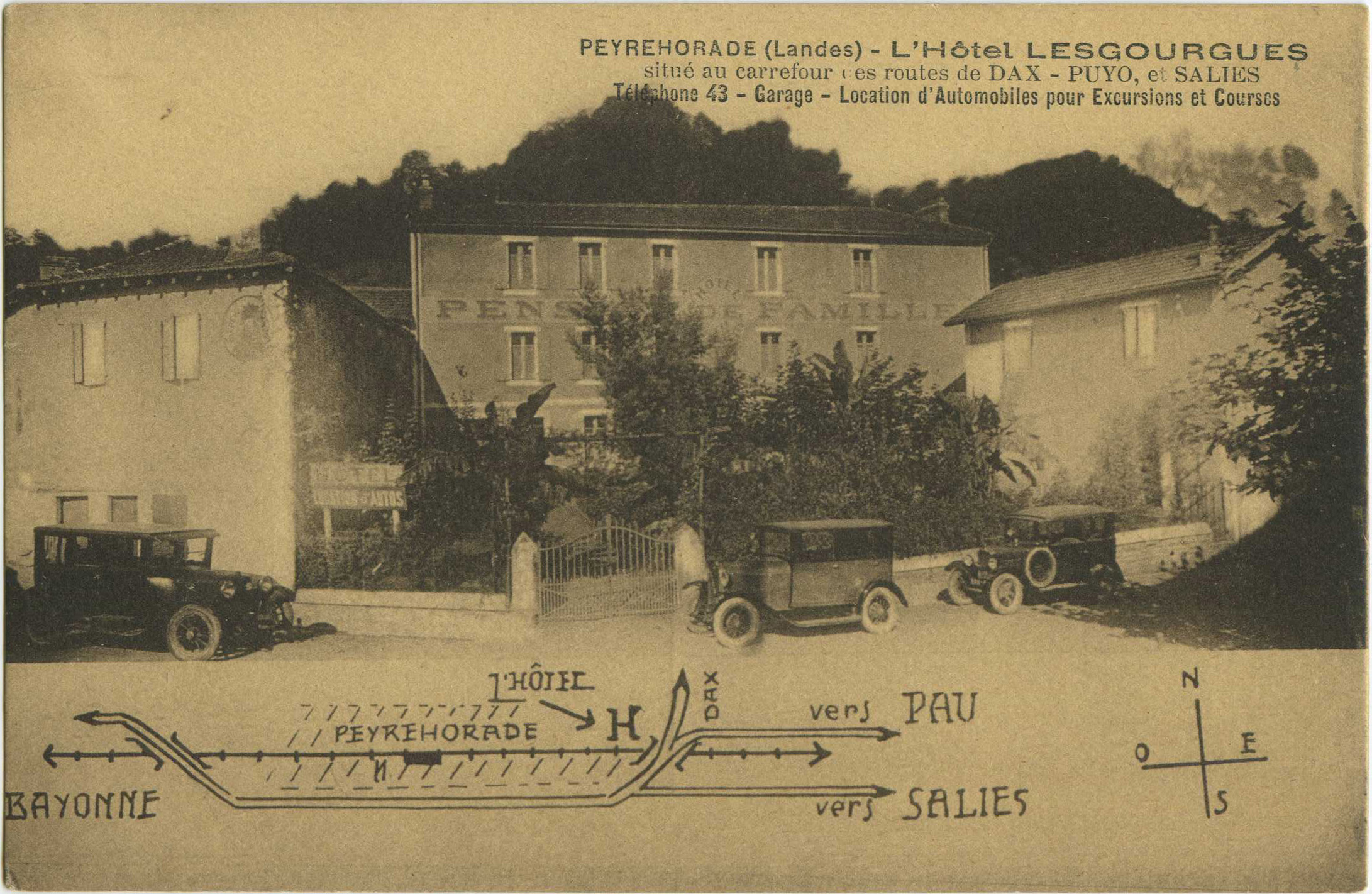 Peyrehorade - L'Hôtel LESGOURGUES situé au carrefour des routes de DAX - PUYO, et SALIES - Téléphone 43 - Garage - Location d'Automobiles pour Excursions et Courses